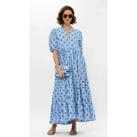 OLIPHANT Tuckernuck Puff Sleeve Maxi Midi Dress Capri Blue Floral Embroidered XS